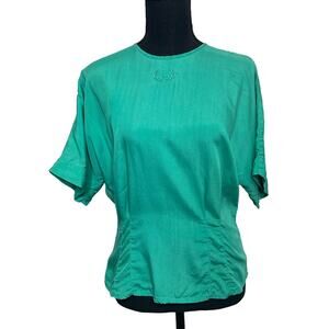 Michelle Stuart Vintage Fitted Blouse Short Sleeve Emerald Green Button Up Back